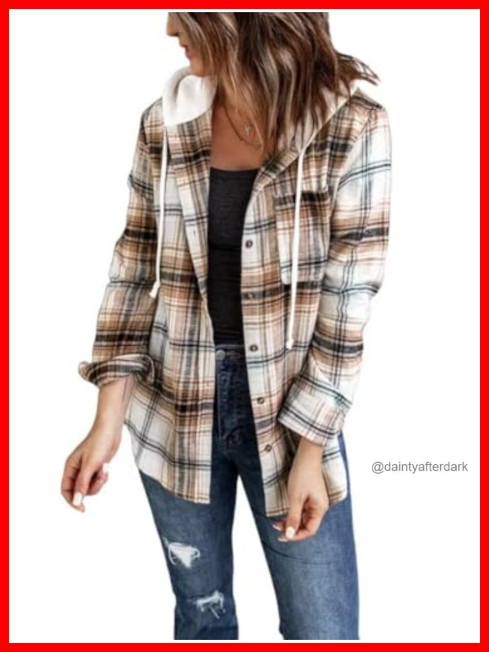 Womens Plaid Flannel Hoodie Shacket Button Down Shirt Loose Fit Long Sleeve